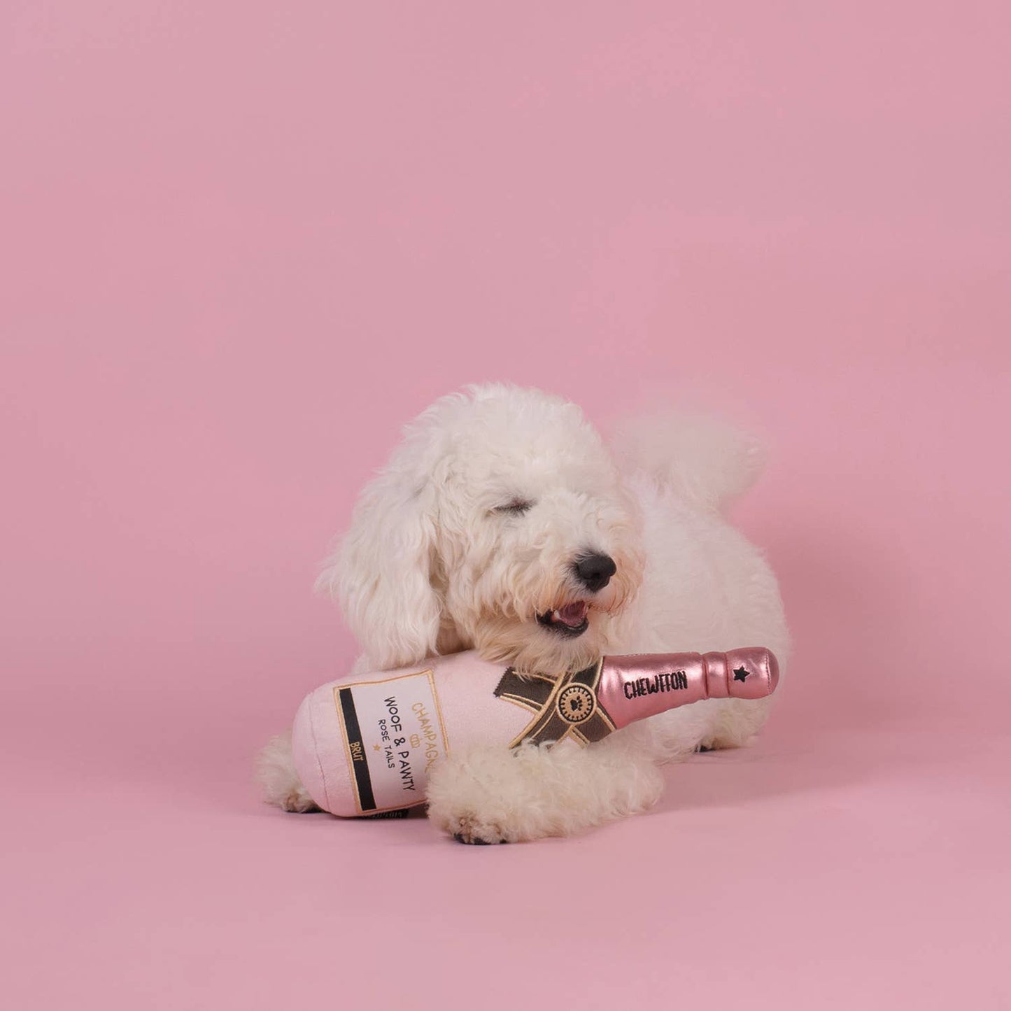 CHEWFFON Pink Champagne Bottle Plush Squeaky Dog Toy