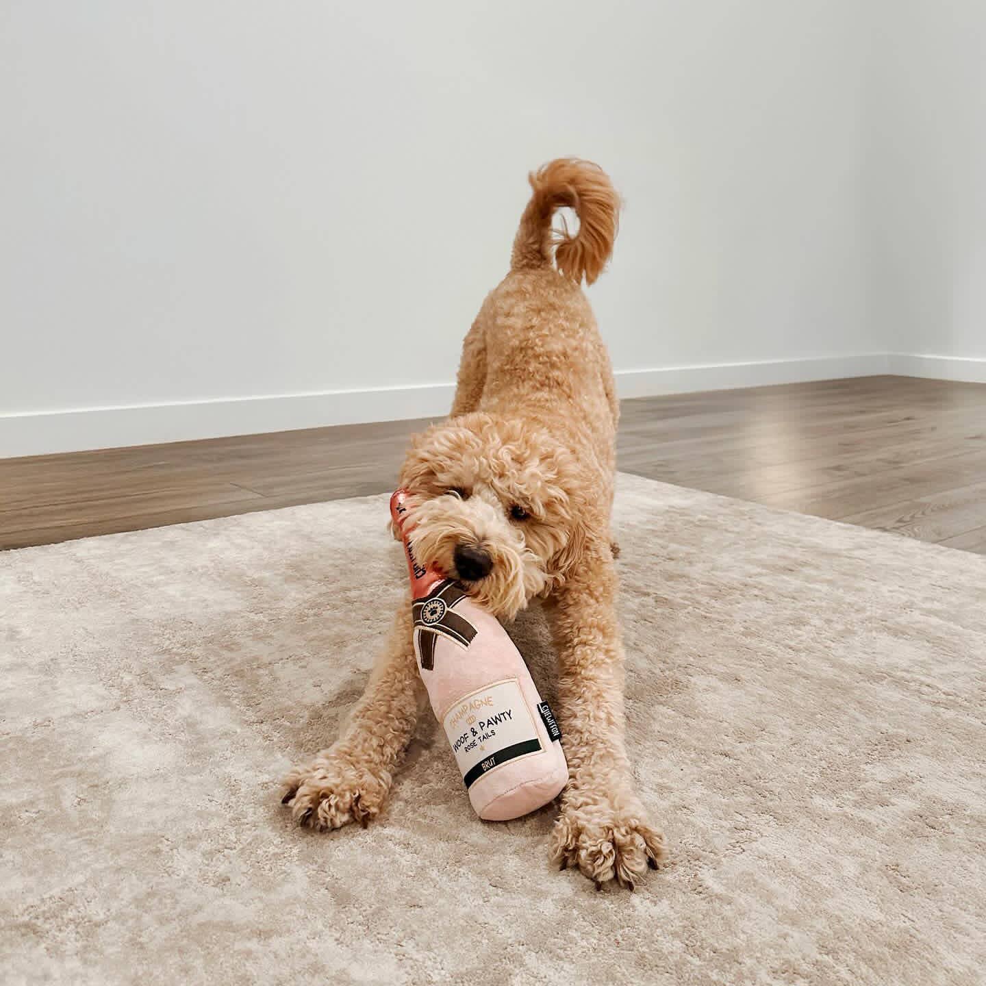 CHEWFFON Pink Champagne Bottle Plush Squeaky Dog Toy